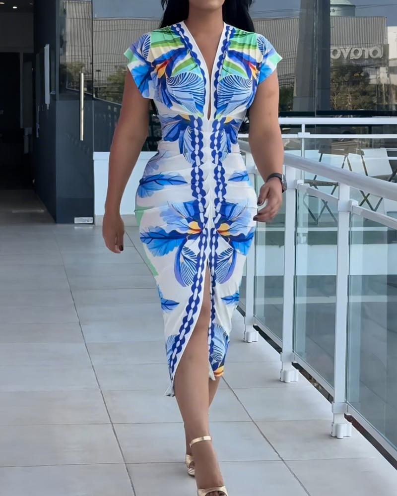 Tropical Print V Neck Short Sleeve Casual Ruched Slit Mid Calf Dress