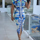 Tropical Print V Neck Short Sleeve Casual Ruched Slit Mid Calf Dress