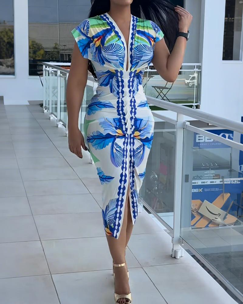 Tropical Print V Neck Short Sleeve Casual Ruched Slit Mid Calf Dress