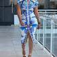 Tropical Print V Neck Short Sleeve Casual Ruched Slit Mid Calf Dress