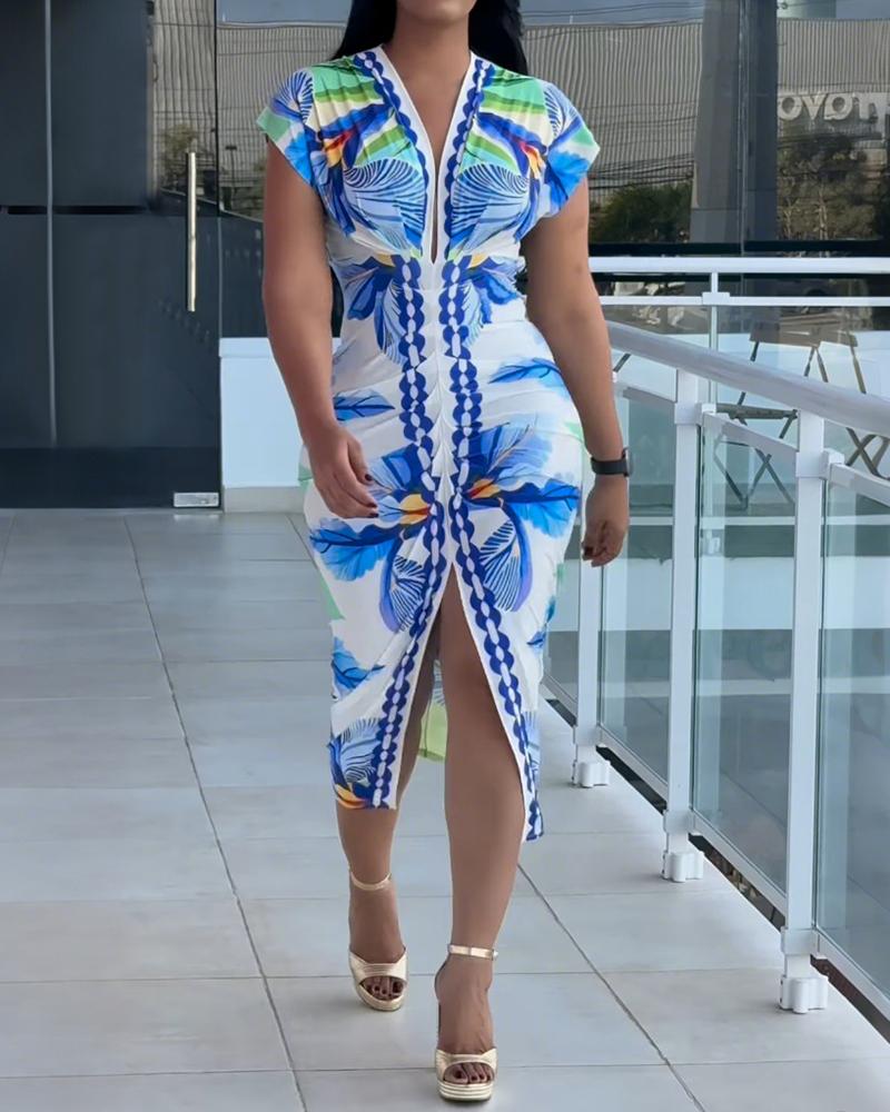 Tropical Print V Neck Short Sleeve Casual Ruched Slit Mid Calf Dress