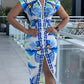 Tropical Print V Neck Short Sleeve Casual Ruched Slit Mid Calf Dress