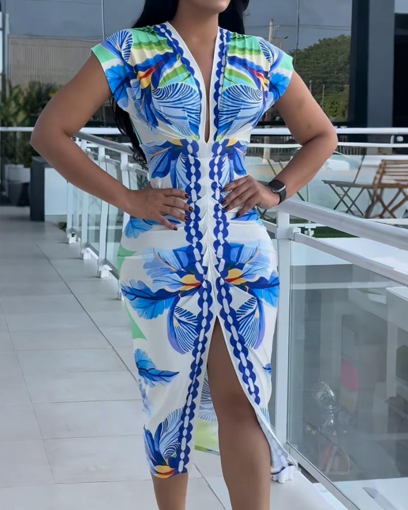 Tropical Print V Neck Short Sleeve Casual Ruched Slit Mid Calf Dress