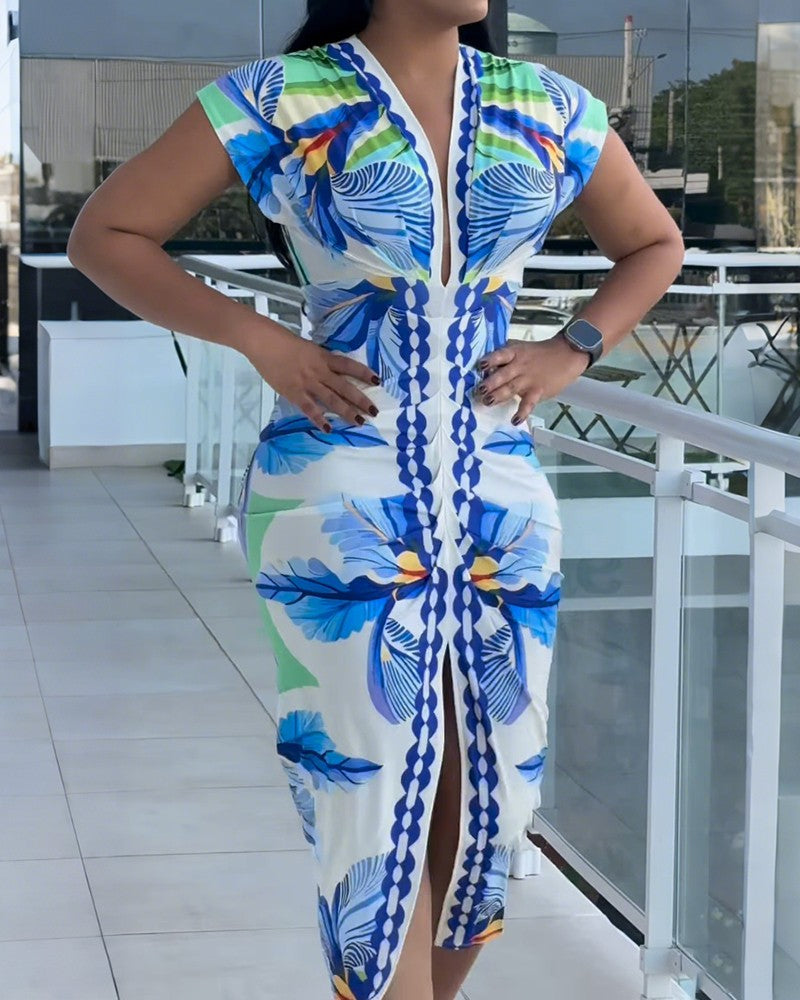 Tropical Print V Neck Short Sleeve Casual Ruched Slit Mid Calf Dress