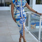 Tropical Print V Neck Short Sleeve Casual Ruched Slit Mid Calf Dress