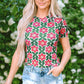 Fiery Red Retro Floral Print Crew Neck T Shirt
