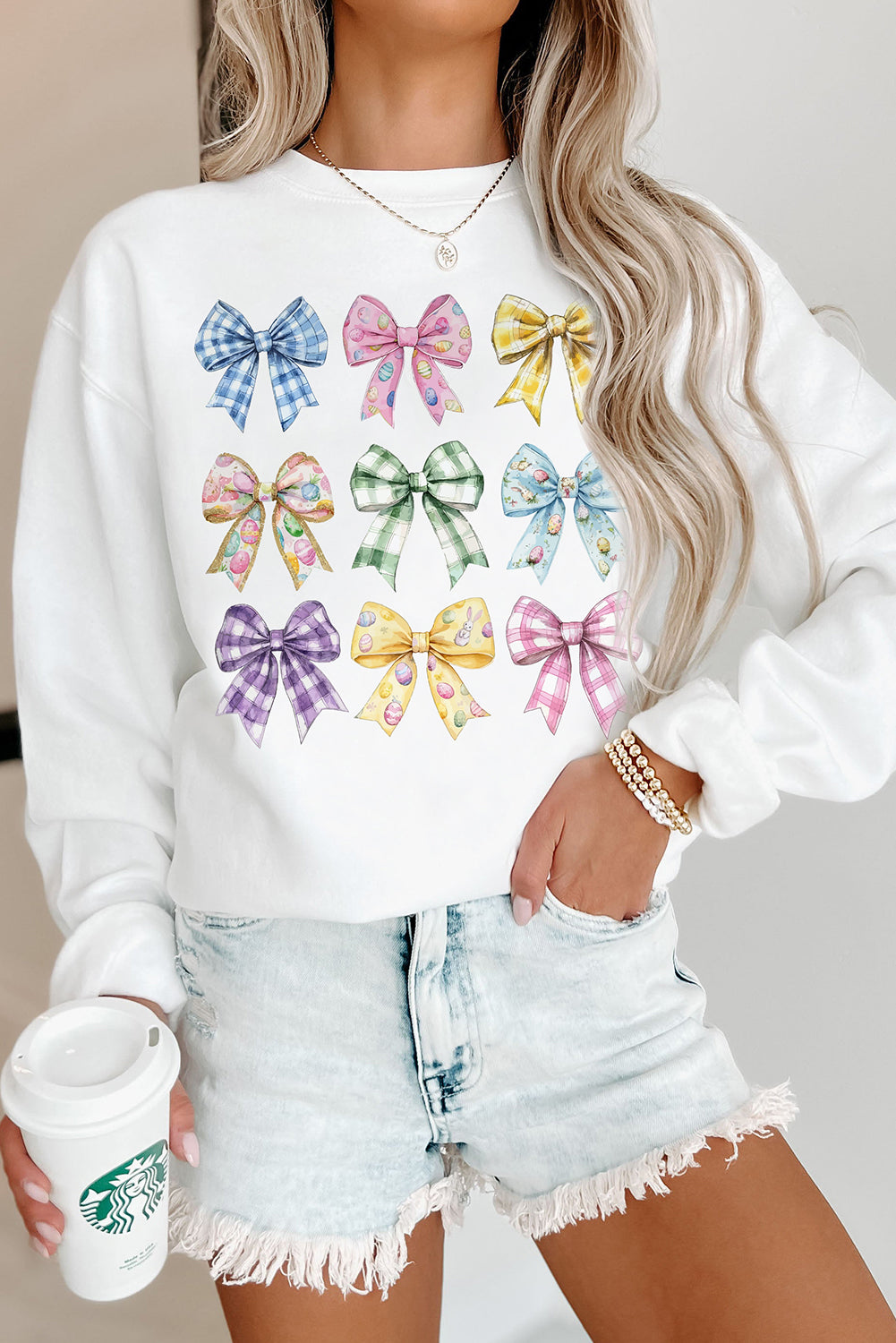 White Easter Eggs Plaid Bow Graphic Drop Shoulder Sweatshirt