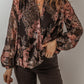 Black Floral Print Criss Cross V Neck Balloon Sleeve Blouse
