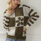 Green Checkered Floral Print Striped Sleeve Sweater