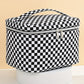Black Checkered Print Zipper Large Toiletry Bag with Handle