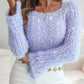 Skew Neck Bell Sleeve Textured Fuzzy Knit Sweater