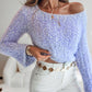 Skew Neck Bell Sleeve Textured Fuzzy Knit Sweater