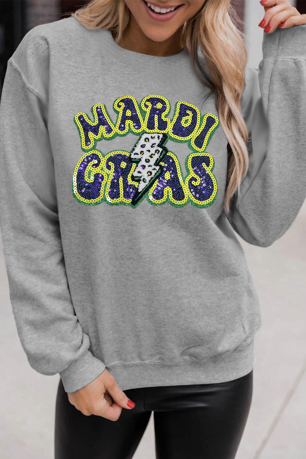 Gray Sequin Mardi Gras Lightening Graphic Pullover Sweatshirt