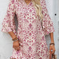 Pink Paisley Print Tiered 3/4 Sleeve Notched Neck Mini Dress