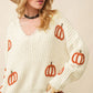 Beige Cable Knit Pumpkin Raw Hem V Neck Loose Sweater
