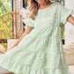 Green Stripe Textured Tiered Short Sleeve Loose Mini Dress