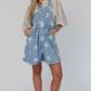 Light Blue Star Printed Buttoned Straps Pocketed Denim Romper