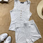 2 Pices Outfit U Neck Button Front Sleeveless Ribbed Tank and Casual Slim Fit Shorts Set