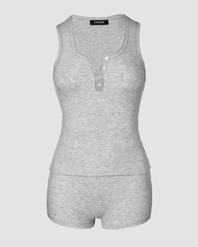 2 Pieces Outfits U Neck Button Front Sleeveless Ribbed Tank Top and Shorts Set