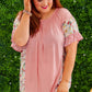 Pink Plus Size Floral Patchwork Ruffled Short Sleeve Blouse