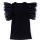 Black Dotty Mesh Ruffle Sleeve Ribbed Knit Top