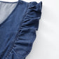Sail Blue Denim Ruffled Zipped Front Belted Romper
