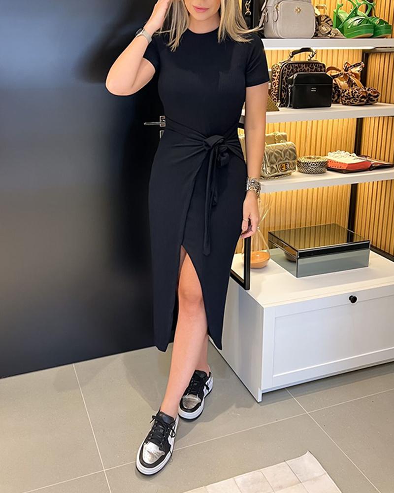 Knotted Fake Two Piece Ribbed Casual Dress