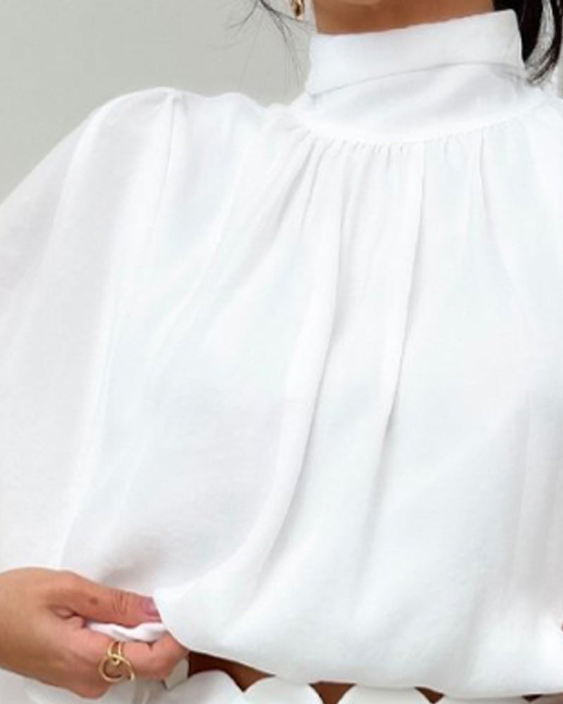 High Neck Batwing Sleeve Ruched Hollow out Back Chiffon Blouse Casual Top