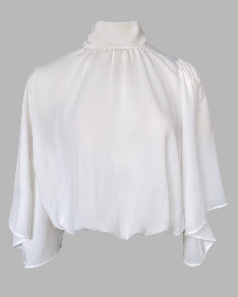 High Neck Batwing Sleeve Ruched Hollow out Back Chiffon Blouse Casual Top