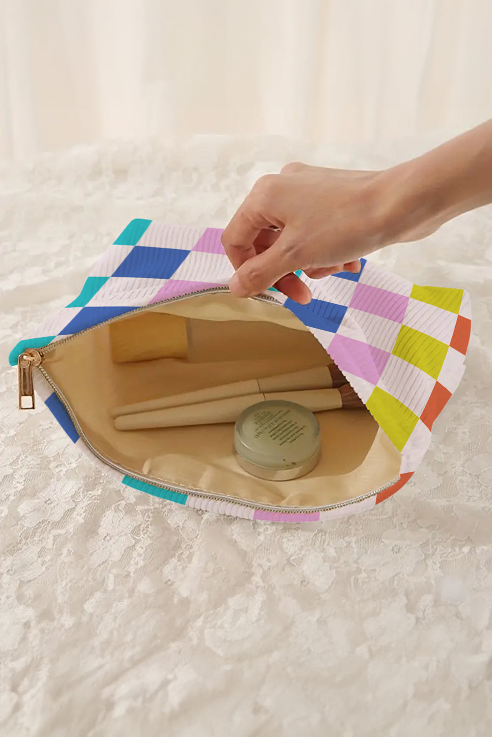 Pink Color Block Checkered Zipper Corduroy Cosmetic Bag