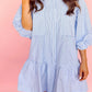 Sky Blue Stripe Bubble Sleeve Chest Pockets Buttoned Shirt Dress