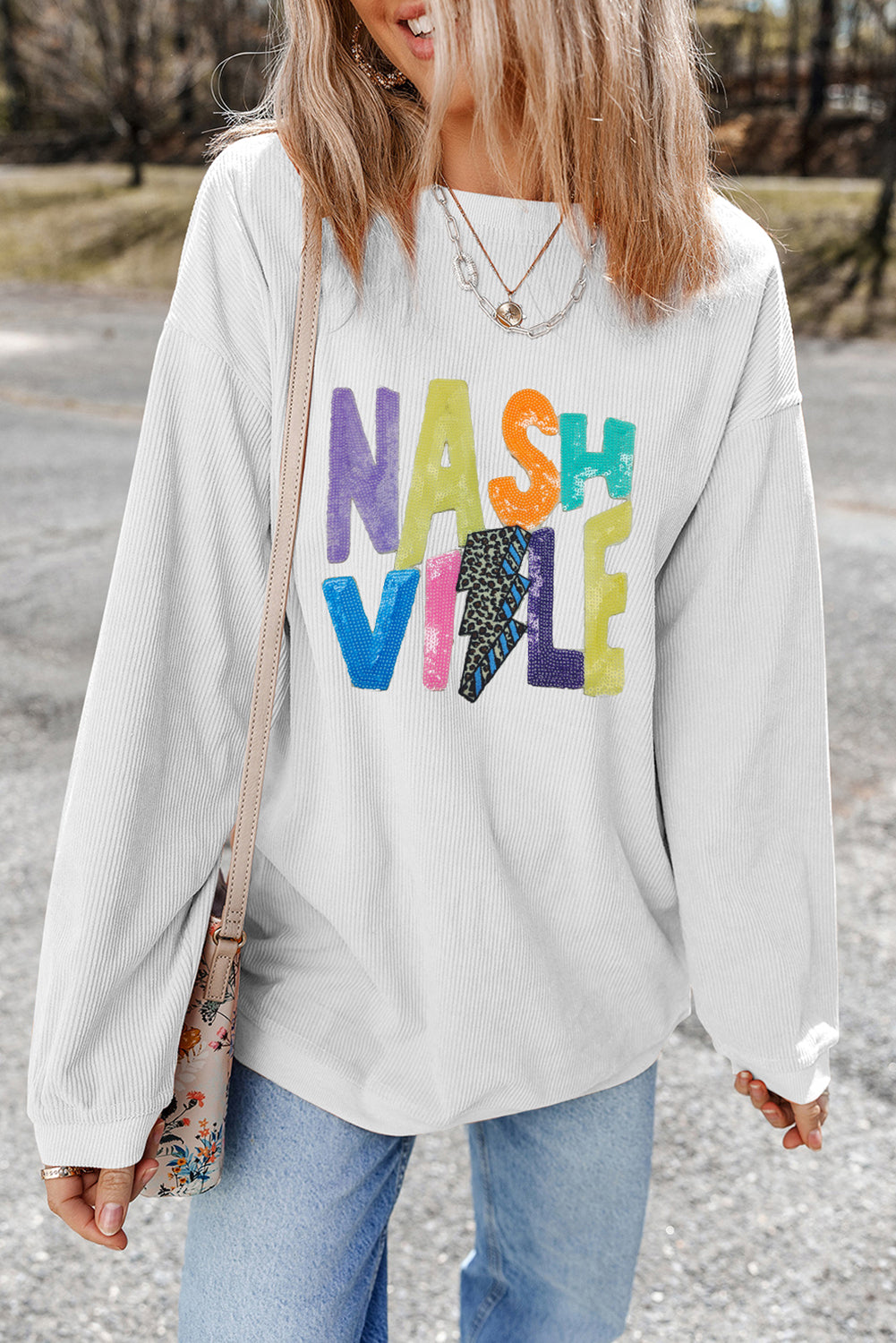 White Nashville Graphic Corded Oversized Sweatshirt