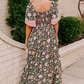 Black Boho Floral Patchwork Sexy V Neck Short Sleeve Maxi Dress