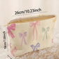 Beige Bow Knot Print Zipper Corduroy Large Cosmetic Bag