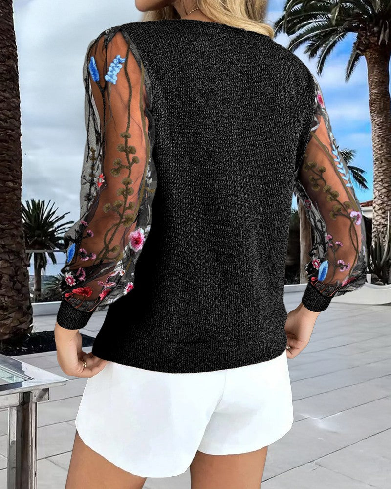 V Neck Embroidery Mesh Sleeves Ribbed Blouse Casual Top
