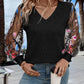 V Neck Embroidery Mesh Sleeves Ribbed Blouse Casual Top