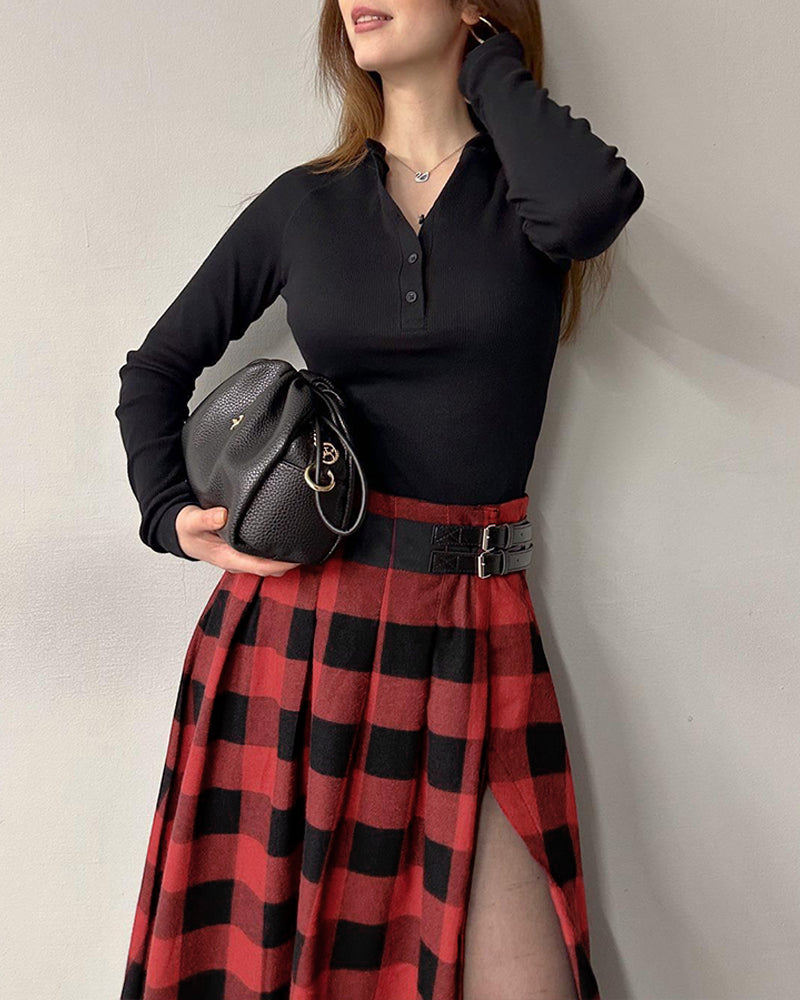 Plaid Print Side Slit Midi Skirt Casual Buckle A Line Pleated Skirt