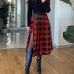 Plaid Print Side Slit Midi Skirt Casual Buckle A Line Pleated Skirt