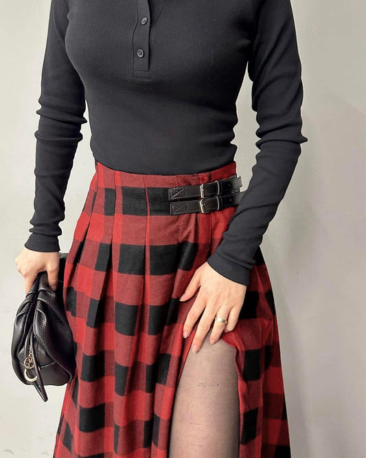 Plaid Print Side Slit Midi Skirt Casual Buckle A Line Pleated Skirt