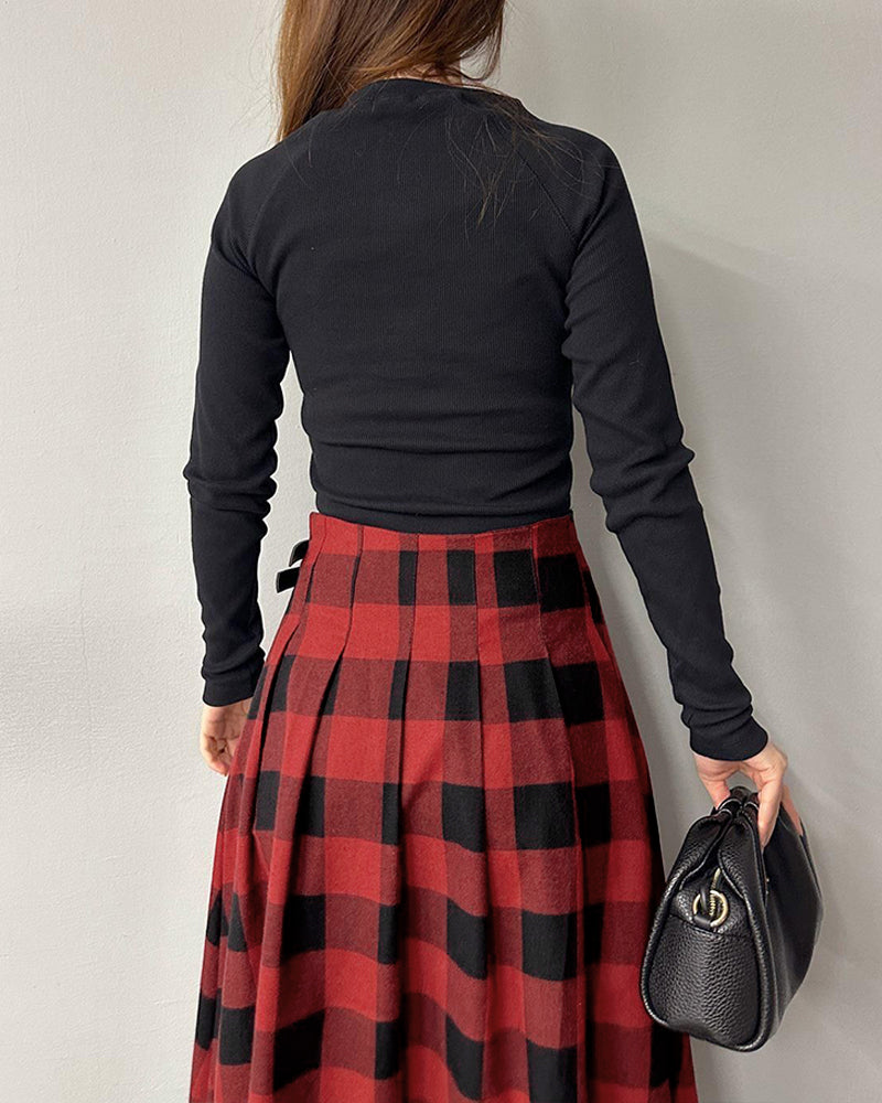 Plaid Print Side Slit Midi Skirt Casual Buckle A Line Pleated Skirt