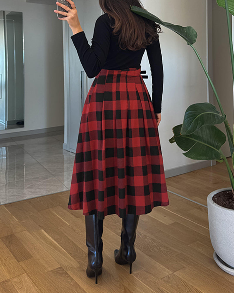 Plaid Print Side Slit Midi Skirt Casual Buckle A Line Pleated Skirt