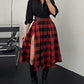 Plaid Print Side Slit Midi Skirt Casual Buckle A Line Pleated Skirt