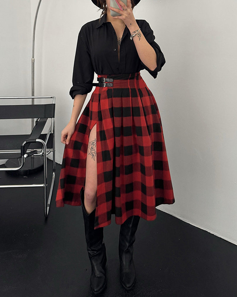 Plaid Print Side Slit Midi Skirt Casual Buckle A Line Pleated Skirt