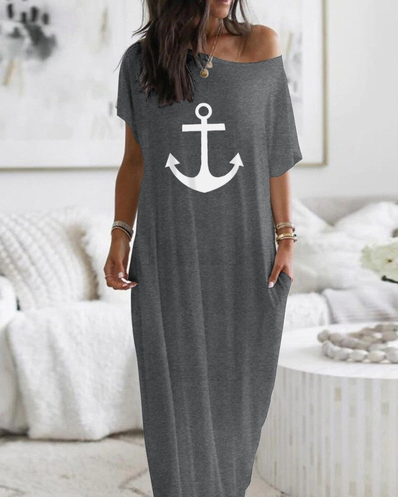 Anchor Print Cold Shoulder Short Sleeve Dress Casual Pocket Design Loose Fit Maxi Dress