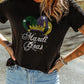 Black Rhinestone Mardi Gras Clown Hat Graphic Crewneck Tee
