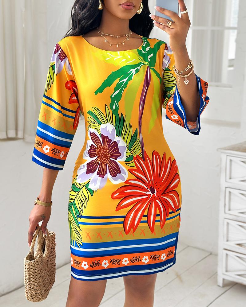 Tropical Print Boat Neck Casual Dress