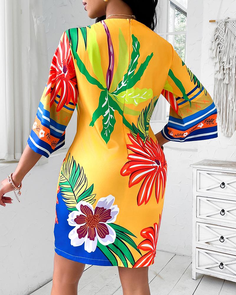 Tropical Print Boat Neck Casual Dress