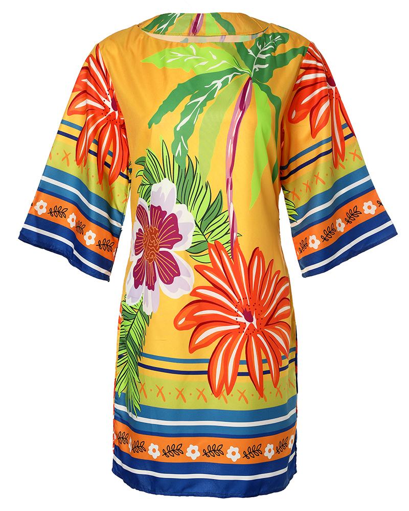 Tropical Print Boat Neck Casual Dress