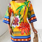 Tropical Print Boat Neck Casual Dress
