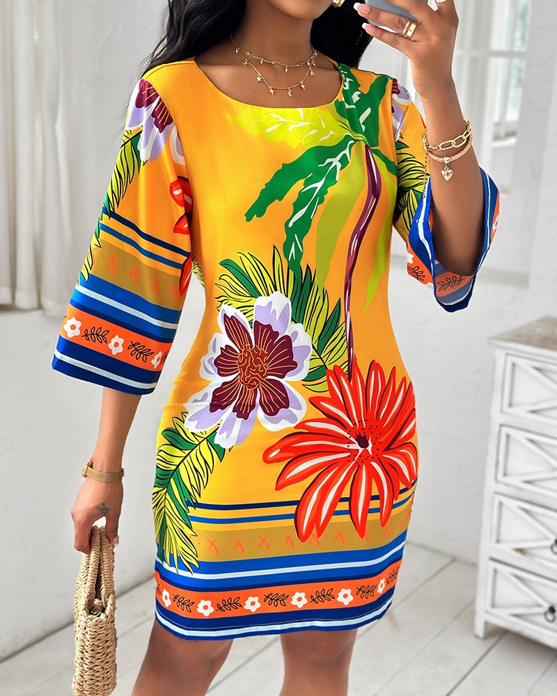 Tropical Print Boat Neck Casual Dress